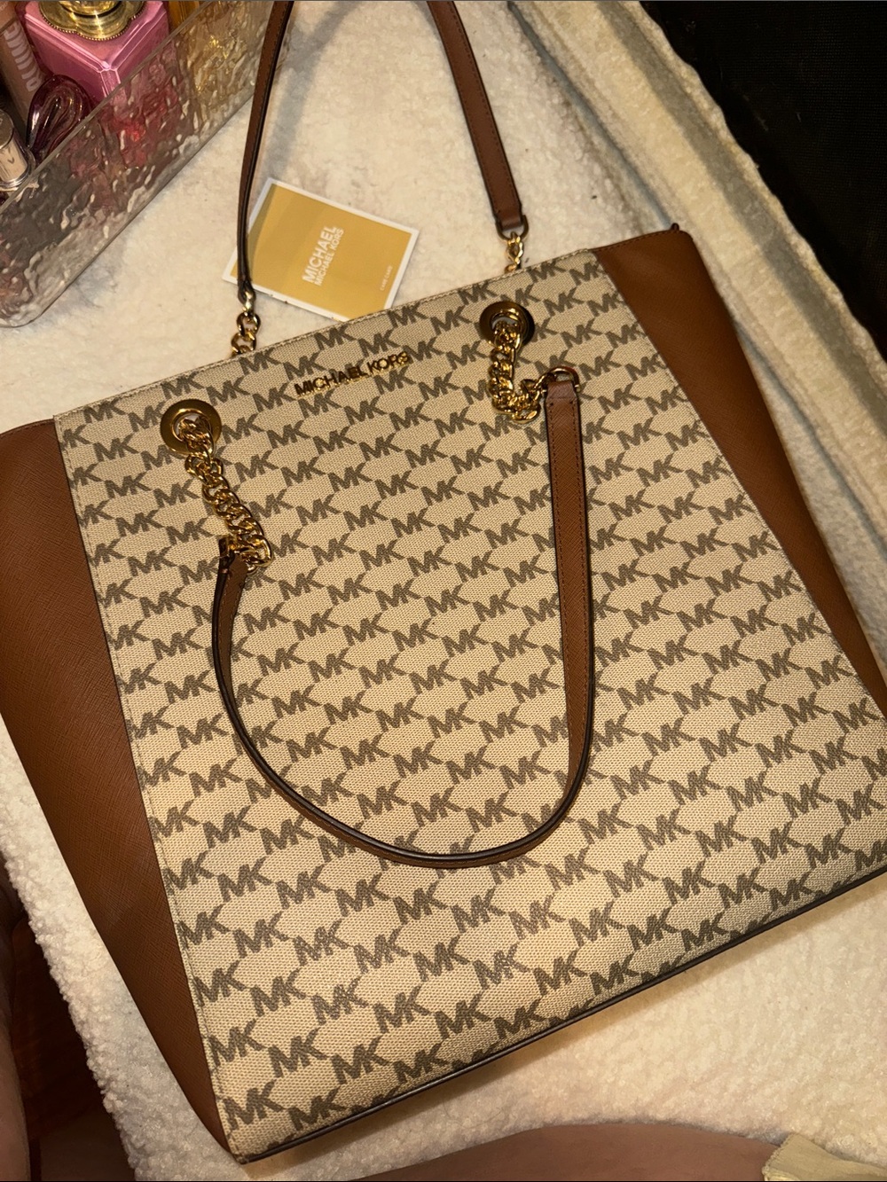 Michael Kors Brown and Cream MK Signature Tote with Gold Chain Accents